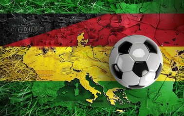Illustration of map of Germany with the flag in colors green, red and yellow on top of it is an artificial grass field and next to it there's soccer ball