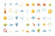 A series of colorful, minimalistic vector symbols representing various weather conditions, each presented on a white solid background