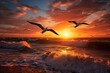 beautiful birds gracefully soaring above a sea beach, their wings outstretched against the backdrop of a vibrant sunset sky