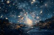 Mesmerizing Celestial Landscape with Glowing Stars,Planets,and Ethereal Cosmic Auroras Filling the Enchanting Night Sky