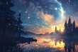 Ethereal Celestial Landscape Reflecting on Serene Lake Beneath Mesmerizing Starry Night Sky with Glowing Galaxy and Cosmic Atmosphere