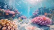The sandy ocean floor is covered in vibrant coral reefs and schools of tropical fish while bubbles of different sizes gently float . .