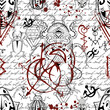 Seamless pattern with mystic decorated bugs and esoteric gothic symbols against white background. No foreign language, all signs are fantasy ones.  