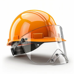 A modern orange construction safety helmet with an integrated clear face shield, isolated on white.