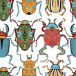 Seamless pattern with colorful mystic decorated bugs against white background, fantasy concept. 