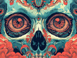Surreal illustration of a skull with large eyes and tentacles in red and blue, ai generated