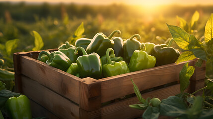 Wall Mural - Green bell peppers harvested in a wooden box with field and sunset in the background. Natural organic fruit abundance. Agriculture, healthy and natural food concept. Horizontal composition.