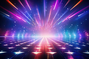 Fototapete - Vibrant 3D rendered background glowing disco lights. neon light 3D radiance of the disco lights