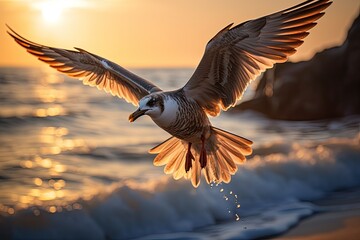 Wall Mural - birds in flight over a sea beach, intricate feathers and details illuminated by the soft coastal sunlight