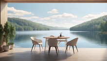 A Wooden Table With Four Chairs Overlooking A Lake.

