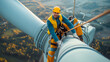 Photo of an electrician in a yellow and blue uniform working on the top of a wind turbine, with a safety rope tied to his waist. Top view showing the landscape below. 
