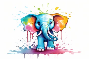 A colorful cartoon elephant spraying water from its trunk, with a playful expression, isolated on a white solid background