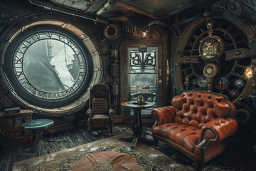 Incorporate elements of steampunk into the background design. How can we blend Victorian aesthetics with futuristic technology to create a unique backdrop.