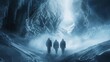 Three figures trek through the harsh frozen environment their backs facing the camera as they navigate through the twisting paths . .