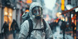 Man in protective equipment disinfecting the city, generative ai