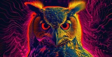 Owl In Pop-art Style Graphic, Psychedelic Colors Swirling Around Its Form, Midnight Black And Neon Yellow Background
