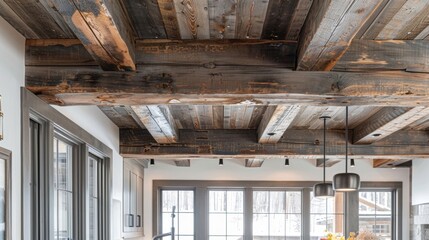 Wall Mural - Natural light pours in through the windows accentuating the warmth and texture of the weathered log wood beams that line the ceiling. The exposed knots and grain patterns add a touch .