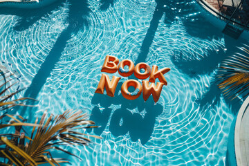 Sticker - Summer vacation Book now message. Pool floats in a holiday swimming pool