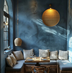 Wall Mural - top view ,high angle view , a basket in outside of cafe on table , eveinng background , half moon , blue theme 