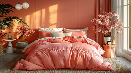 Wall Mural - Cozy Bedroom Interior with Coral Bedding and Decorative Flowers