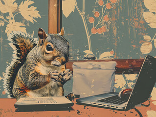 Wall Mural - A squirrel is sitting on a desk next to a laptop computer