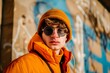 Stylish young man in an orange jacket and beanie with sunglasses against a vibrant graffiti wall outdoors.