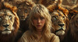 A young blonde woman surrounded by lions