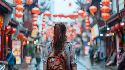 Wall Mural - China food market street, Asian tourist walking in city streets on Asia vacation tourism