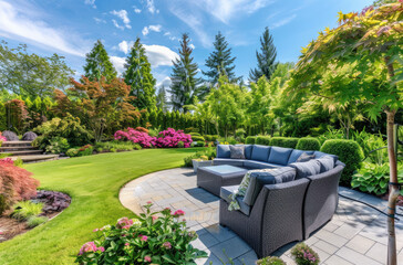 A beautiful outdoor patio area with stone flooring, comfortable seating and colorful flower beds in the background. The setting is on an idyllic suburban home garden surrounded by trees and greenery u