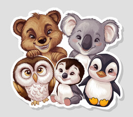 Canvas Print - Set of cute baby animal in sticker vector illustration art. Generative AI