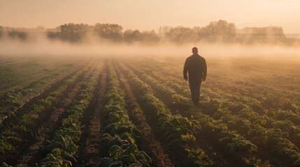 Man Walking through Misty Kale Field at Sunrise