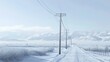 A tranquil, snow-blanketed landscape with power lines running alongside a solitary road amidst gently rolling winter hills. Snow-Covered Road with Power Lines in Winter

