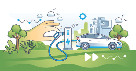 Wall Mural - Sustainable transportation and electric vehicles usage outline hands concept. EV as environmental and nature friendly alternative with zero CO2 emissions vector illustration. Ecological hybrid auto.