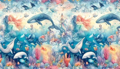 Wall Mural - Sea animal watercolor pattern Illustration background.