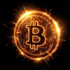 Fiery Bitcoin Symbol on a Digital Circuit Background