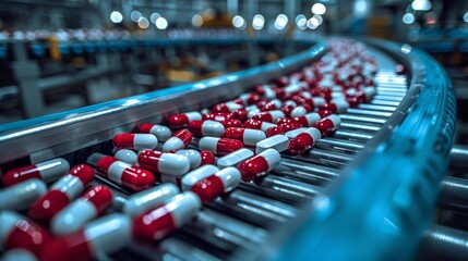 Wall Mural - The rhythmic procession of capsules signifies the relentless drive for mass production excellence in the pharmaceutical realm.
