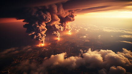 Poster - Big fire in the field and huge pillar of smoke to the clouds