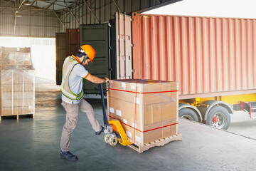 Wall Mural - Warehouse Workers Loading a Package Pallets at Warehouse. Container Shipping. Supply Chain, Supplies Shipment, Freight Truck Logistic, Cargo Transport.