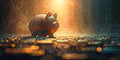 Money falling into pink piggybank. Piggy bank saving money for a good financial future savings and finance concept
