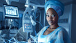 The patient is a dark-skinned African American woman in a modern light-colored medical ward of a hospital with modern equipment and new technologies.