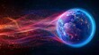 Vivid light streams circling a digitally rendered Earth in outer space