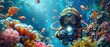 A cartoonish underwater scene with a boy in a scuba suit looking for something
