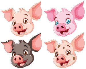 Sticker - Four cheerful pig characters showing different emotions.