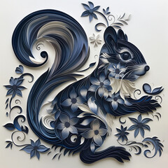 Wall Mural - Paper cut black squirrel with flowers on white background