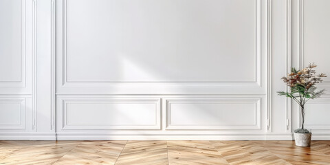 Poster - White wall with paneling and parquet floor, empty room interior with wall panels molding and wooden floor, copy space