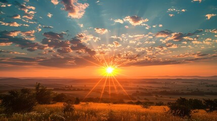 Wall Mural - A bright sun is shining on a vast, empty field