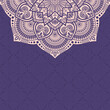 Greeting card or invitation template with mandala vector color illustration. Ethnic mandala decorative background. Pink mandala ornament on violet background. Islam, Arabic, Indian, ottoman motifs. 