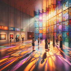 Wall Mural - Visitors in a modern art gallery with large colorful stained glass windows