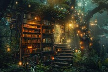 Library Of Books In The Forest With Lights