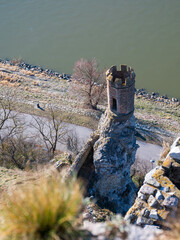 Wall Mural - Historic small watchtower on narrow rocky cliff. Castle Devin, Bratislava.